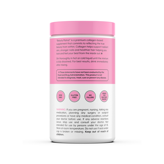 Beauty Patrol collagen powder jar side view